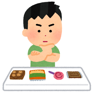 お菓子を悩んでいる男子のイラスト