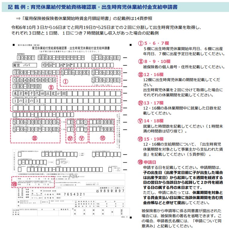 育児休業給付受給資格確認票、出生時育児休業給付金支給申請書の記載例