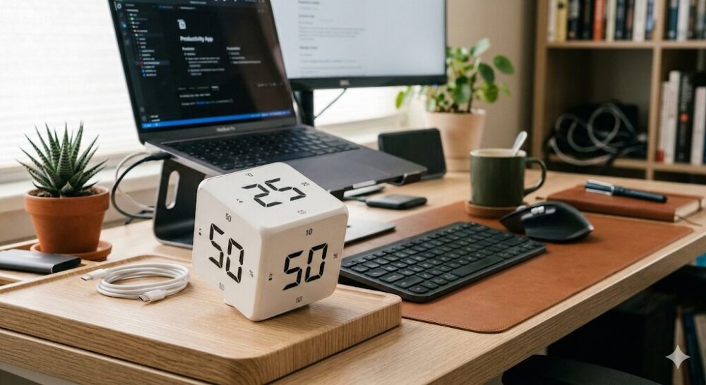 PCデスクに置かれたおしゃれな多面体タイマーの画像