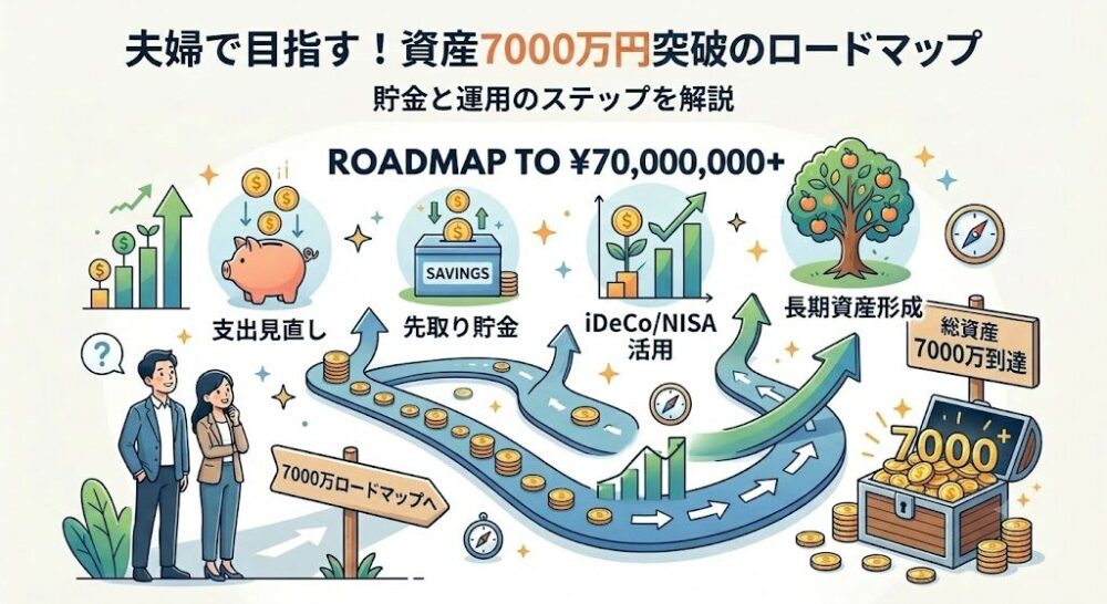 資産7,000万円達成までのロードマップを描いたイラスト。支出見直し、先取り貯金、iDeCo/NISA活用、長期資産形成のステップを経て、総資産7,000万円のゴールへ続く道のりが表現されている。